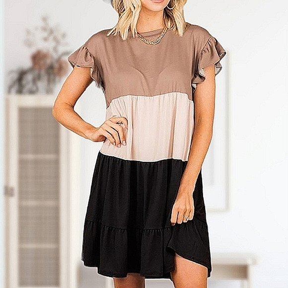 COLOR BLOCK RUFFLE HEM MINI DRESS - Picture 1 of 7